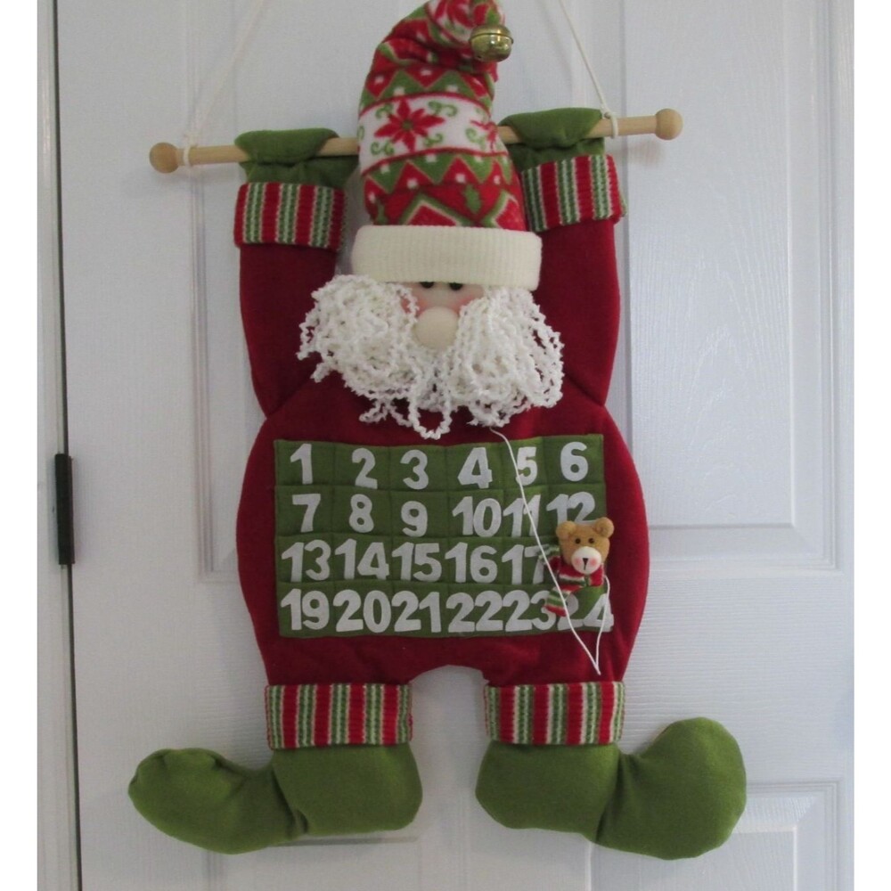 Santa Christmas Countdown Fabric Advent Calendar With Bear Marker 36 in hanging